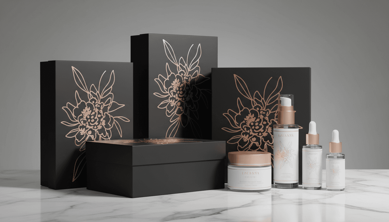 Luxury cosmetics packaging with foil stamping and soft-touch finish
