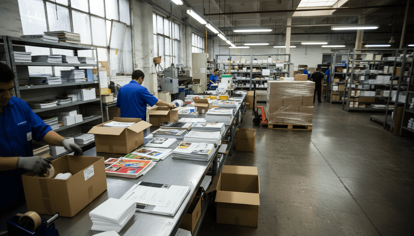 Finished print products being prepared for shipping — boxes, labels, and packaging