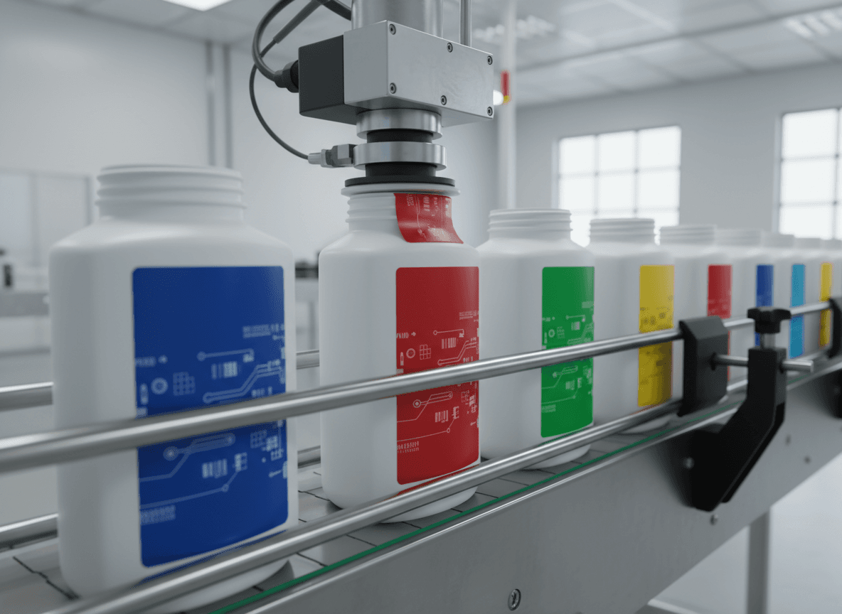 Consumer goods label application on production line